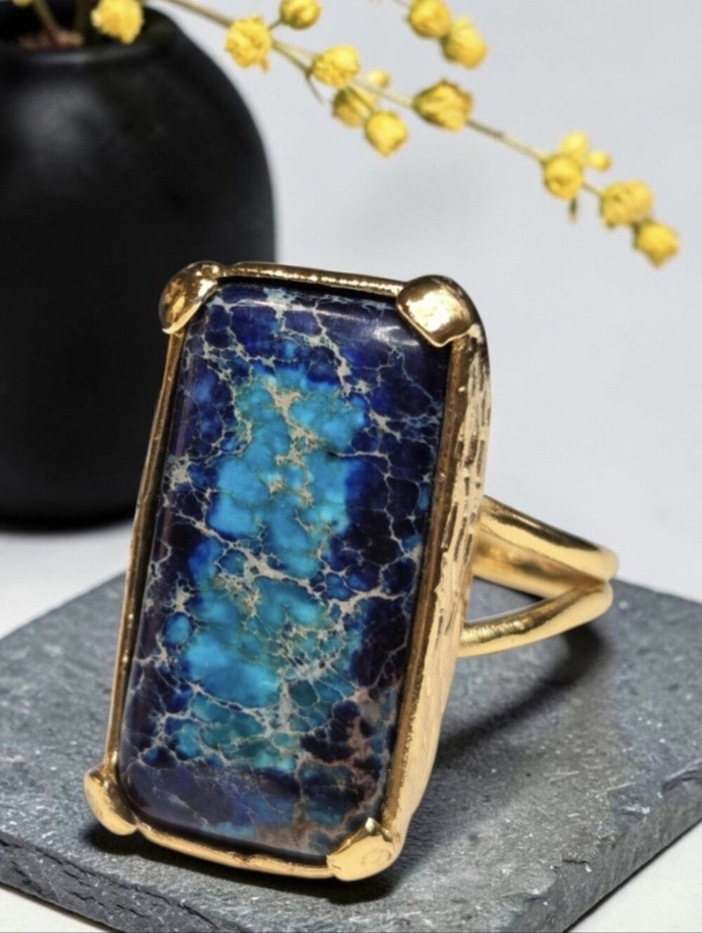 Mesmerizing 18k Gold Plated Artisan Deep Blue Azurite Turquoise Rectangle Ring